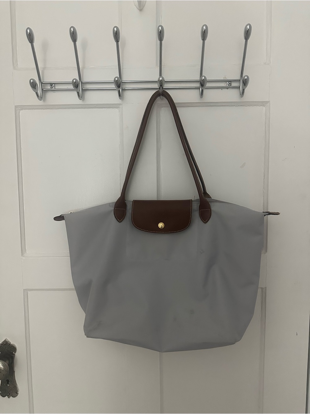 Longchamp Le Pliage Tote Bag - Grey with Brown Trim